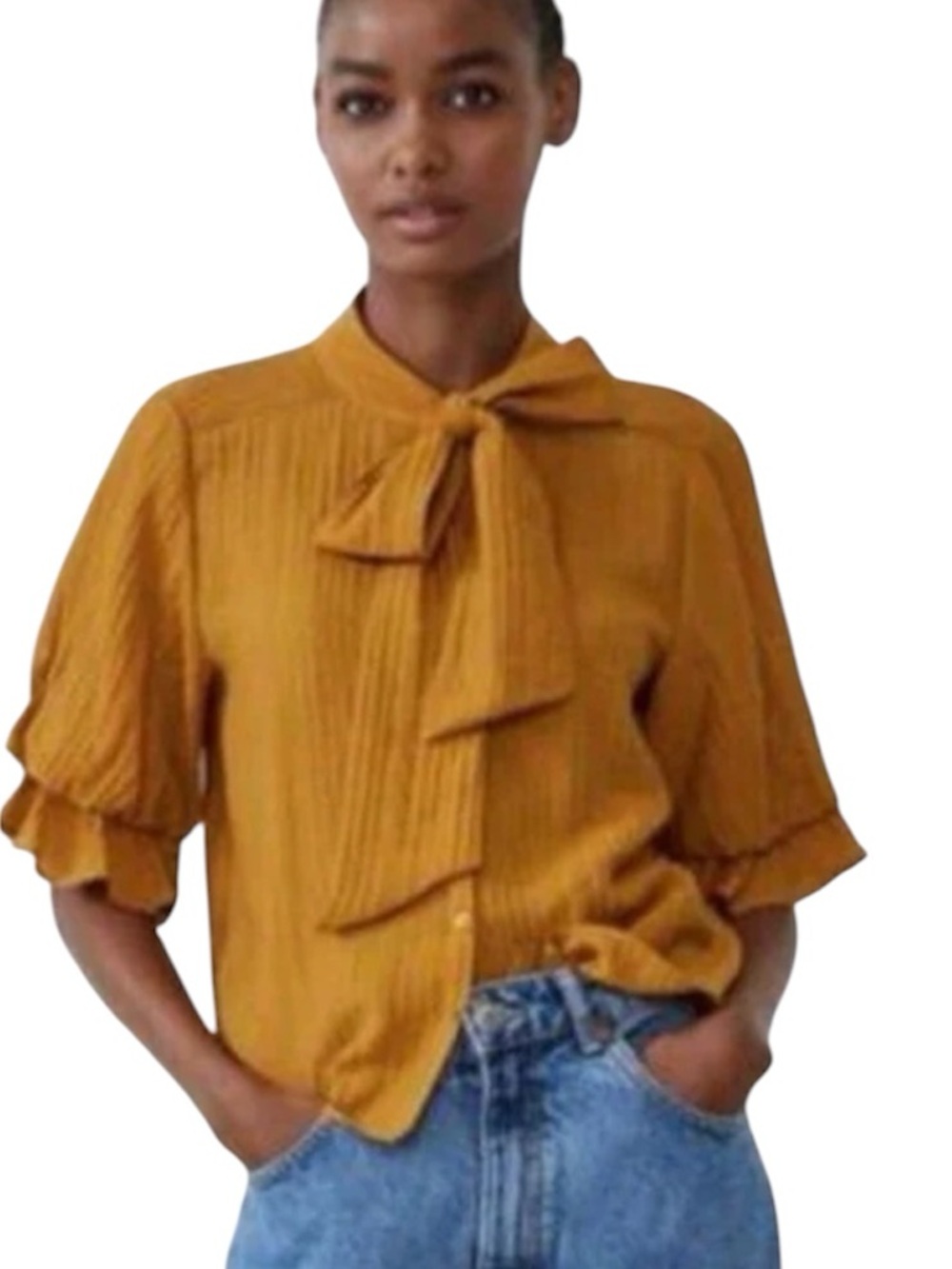 ZARA Mustard Yellow Crinkle Gauze Tie Neck Blouse Tiered Puff Sleeve Size Medium